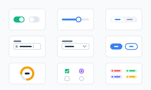 Modern minimal user interface component kit featuring toggle switches sliders circular loaders checkboxes radio buttons progress indicators and navigation