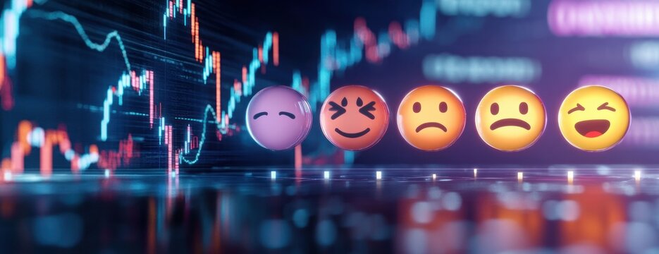 row of floating emoji faces showing mixed emotions in front of glowing financial charts on a reflective surface, suggesting market sentiment and volatility