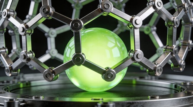 Conceptual representation of autonomous precision harvesting system with geometric titanium structure and glowing bio asset sphere, advanced agritech automation and smart farming