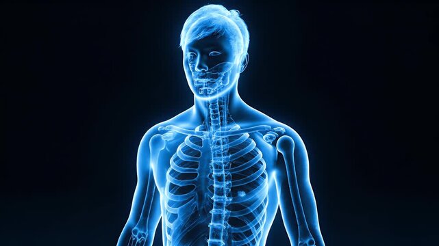 A glowing blue x-ray of a male torso and head, showcasing bone structure