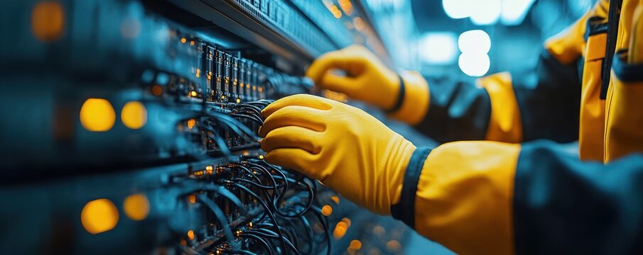 Gloved hands in yellow jacket connecting network cables to a server patch panel in a blue-lit data center with blinking orange lights, focused and precise maintenance work