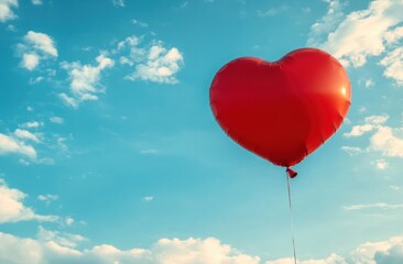 Fototapeta premium red heart-shaped balloon floating against bright blue sky with scattered white clouds, evoking romance and hope