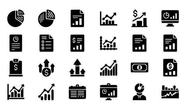 Bold filled analytics icons set with data charts graphs reports and statistics symbols in solid vector style