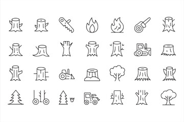Fototapeta premium Timber Industry Line Icon Set with Tree Stumps and Lumber Production Symbols