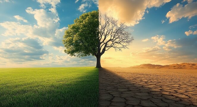 Split landscape: lush green field and cracked desert with a single tree dividing life and decay under a dramatic sky