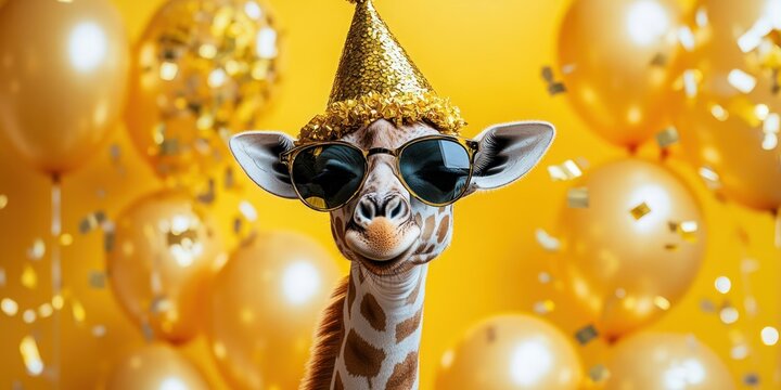 cheerful giraffe wearing sunglasses and a gold party hat surrounded by golden balloons and falling confetti