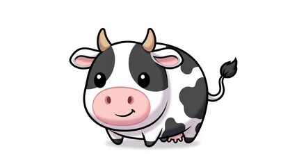 Fototapeta premium A charming and cute cartoon illustration of a black and white dairy cow with a friendly expression on a plain background.