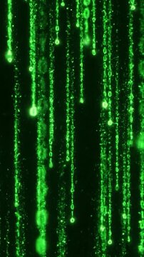 Digital rain of binary code cascades down a dark background