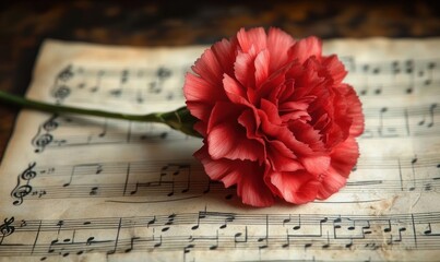 Single red carnation resting on aged sheet music, close-up still life evoking romance, nostalgia and gentle melancholy