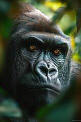 Obraz premium Close-up of reddish brown orangutan fur and shoulder among green rainforest leaves, peaceful contemplative mood