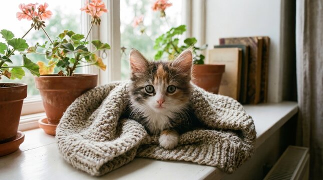 Cute Calico Kitten in Knitted Blanket by Window with Potted Flowers, Tricolor Kitten by Window in Natural Light with Cozy Home Plants