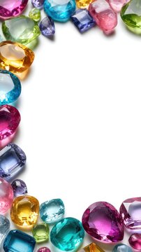 Colorful precious gemstones frame border isolated on white background
