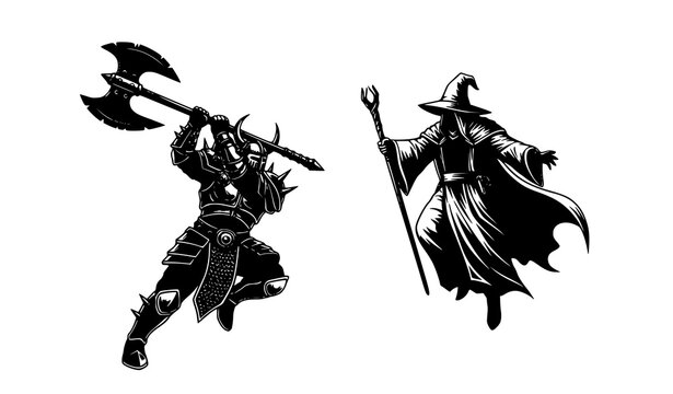 Dramatic fantasy warrior and mage silhouette vector with weapons and armor for RPG illustration