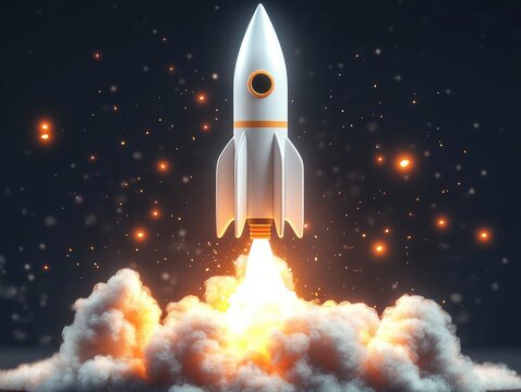 white retro rocket launching through glowing clouds of smoke and sparks against a dark starry sky, a dramatic scene of excitement and wonder