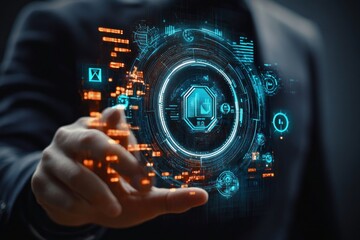 Fototapeta premium A hand reaches toward a glowing holographic circular interface surrounded by blue and orange digital readouts, evoking focus and futuristic technology.