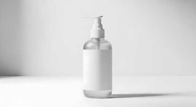 Clear cosmetic pump bottle with a blank white label for product branding and packaging mockup on a clean white background