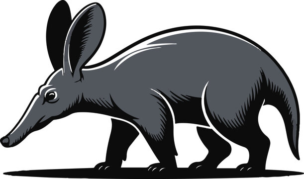 Gray aardvark walking side view illustration with line drawing