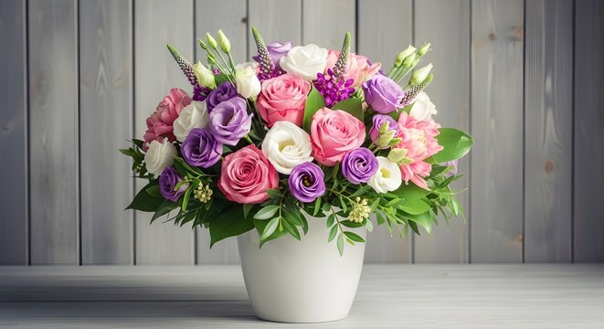 Beautiful bouquet of pink purple and white roses in a white vase on a gray wooden background with greenery