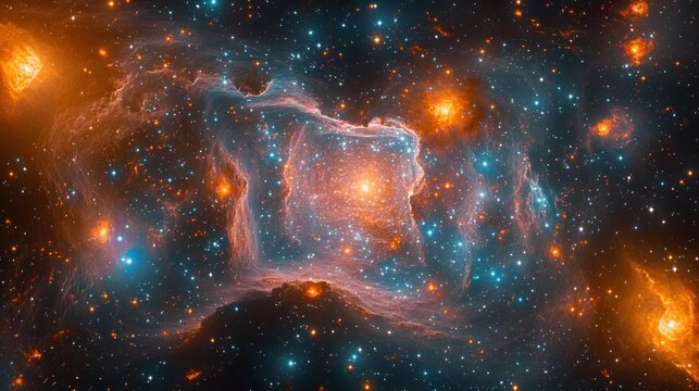 glowing star cluster within a filamentary nebula tunnel of orange and teal gas clouds, scattered stars and cosmic dust evoking awe and ethereal wonder