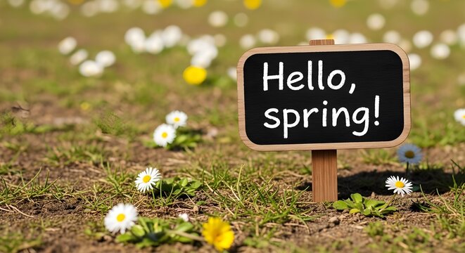 A small chalkboard sign that reads 'hello spring ' standing in a field of flowers on a sunny day in springtime