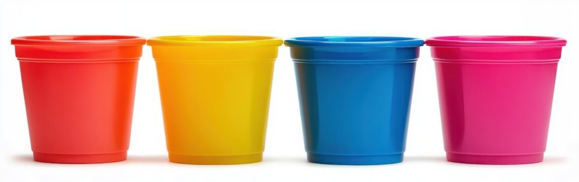 four brightly colored plastic cups lined up on a white background conveying a cheerful festive mood