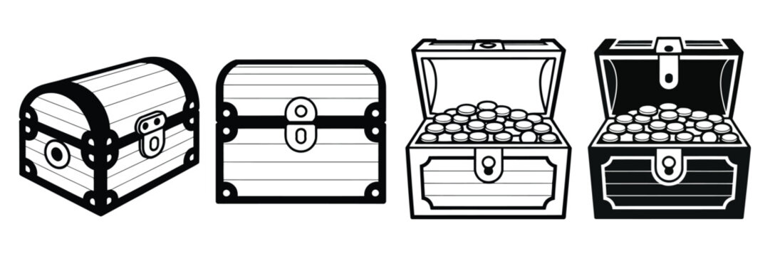 Treasure Chest Icon, linear and clipart style design isolated on white background, pirate treasure box symbol, outline and solid illustration, adventure and fantasy concept.