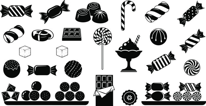 Colorful Candy and Sweets Collection, Featuring Lollipops, Chocolates, Hard Candies, Donuts, and Ice Cream for Fun and Party Graphics