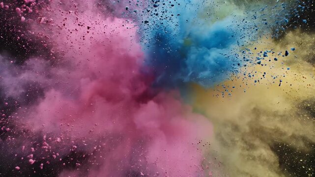 Vibrant pink, blue, and yellow powders explode outwards against a dark background