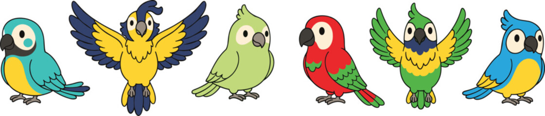 Colorful Parrot Cartoon Set with Cute Tropical Birds, Flying and Sitting Poses, and Exotic Wildlife Illustration for Kids Design, Nature Theme, and Animal Collection © MdMojnu