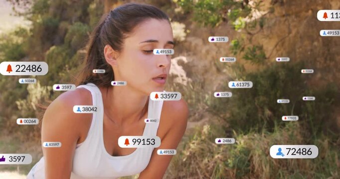 Female runner resting on trail, badges appearing, clustering near face, displaying fitness alerts