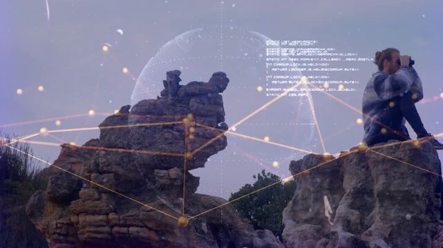 Hiker climbing rock sitting with optic scanning to survey as tech overlay casting nodes across view