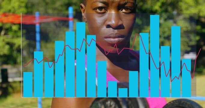 Woman lifting dumbbell in sunlit park workout, causing animated blue bars and red line receding