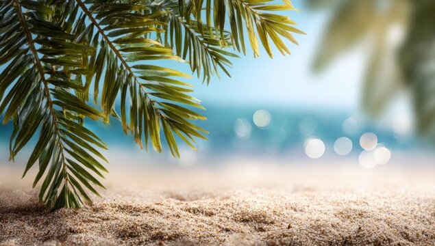 A serene beach scene featuring palm leaves in the foreground, with soft sand and a blurred ocean backdrop, creating a tranquil atmosphere.