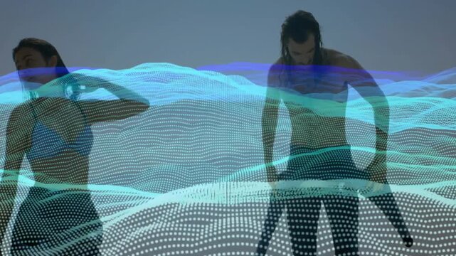 Male, female models posing in studio dotted mesh moving across causing swim hair tucking fashion