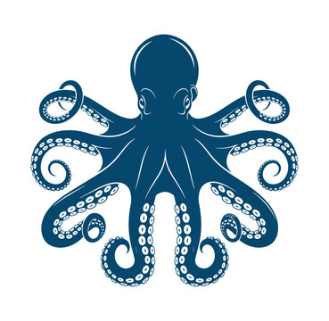 Graphic illustration of a blue octopus with white suckers on its tentacles isolated on white background