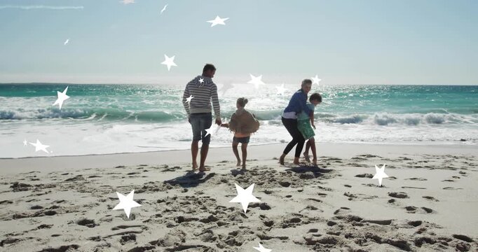 Family walking to sea mother bending, lifting boy playfully, dad joining, stars floating low travel