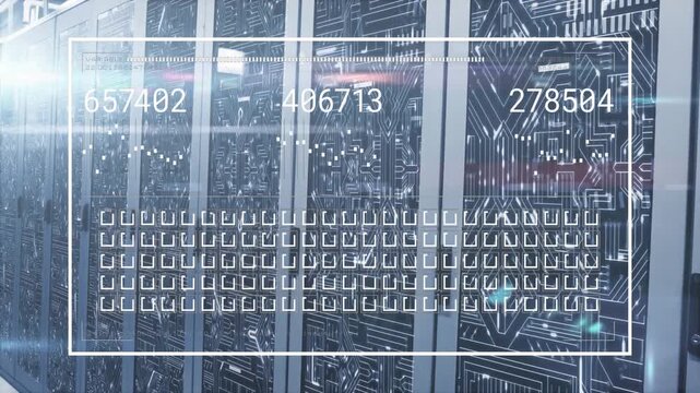 Server racks in data center, probe refreshing counters and filling grid, showing performance