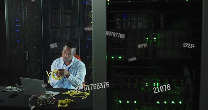 IT pro untangling yellow cables, checking ends and ensuring network while overlays drifting on rack