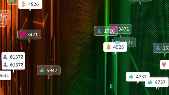 Neon nodes lighting, notifications spawning and flowing to green column, showing network activity