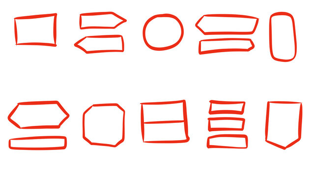 Hand-drawn red flowchart shapes on white background - rectangle, circle, arrow, octagon and banner doodle sketches, transparent.