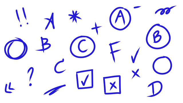 Hand-drawn school grades and feedback symbols in blue ink: A, B, C, D, F, check marks, crosses, questions, stars and circles, on white. Transparent.