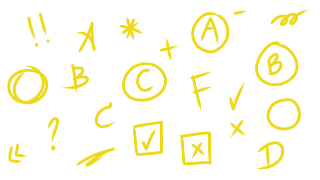 Yellow Hand-Drawn Letter Grades and Symbols: A, B, C, D, F, Plus, Minus, Checkmarks, and More - Transparent Image
