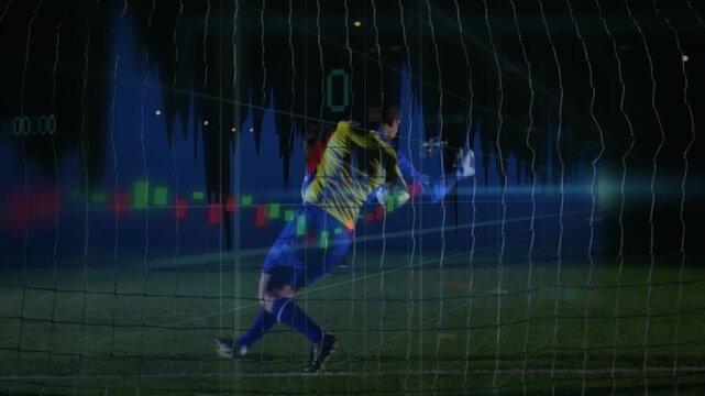 Penalty taker placing ball shooting for goal keeper diving right sports waveform timer overlaying