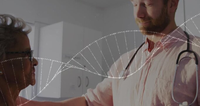 Clinician entering, placing hand on patient, explaining genes while DNA helix sweeping across faces