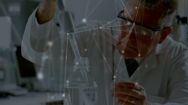 Scientist reaching for pipette filling samples to test as network overlay crossing face and bench
