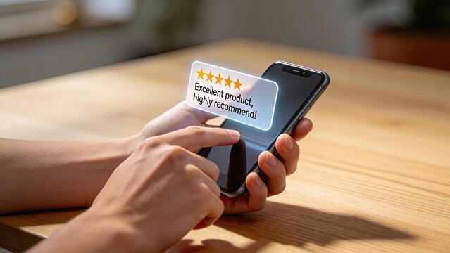 Customer giving excellent product review and five star rating on smartphone user feedback digital recommendation positive experience mobile app interface online shopping satisfaction