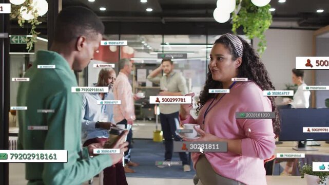 Vertical video: Coworkers talking in office, phone glance sparking growing ID overlays for business