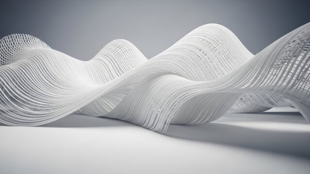 A modern white sculpture with wavy lines on a gray background