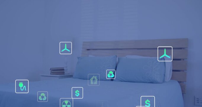 Bed sitting in bedroom, animated energy icons emerging from lower left over bed visualizing savings