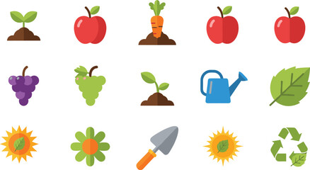 Gardening and agriculture flat vector icon set with fresh apple, carrot, grapes, seedling, watering can, trowel, sun, and recycling symbols for eco friendly design. © Arman
